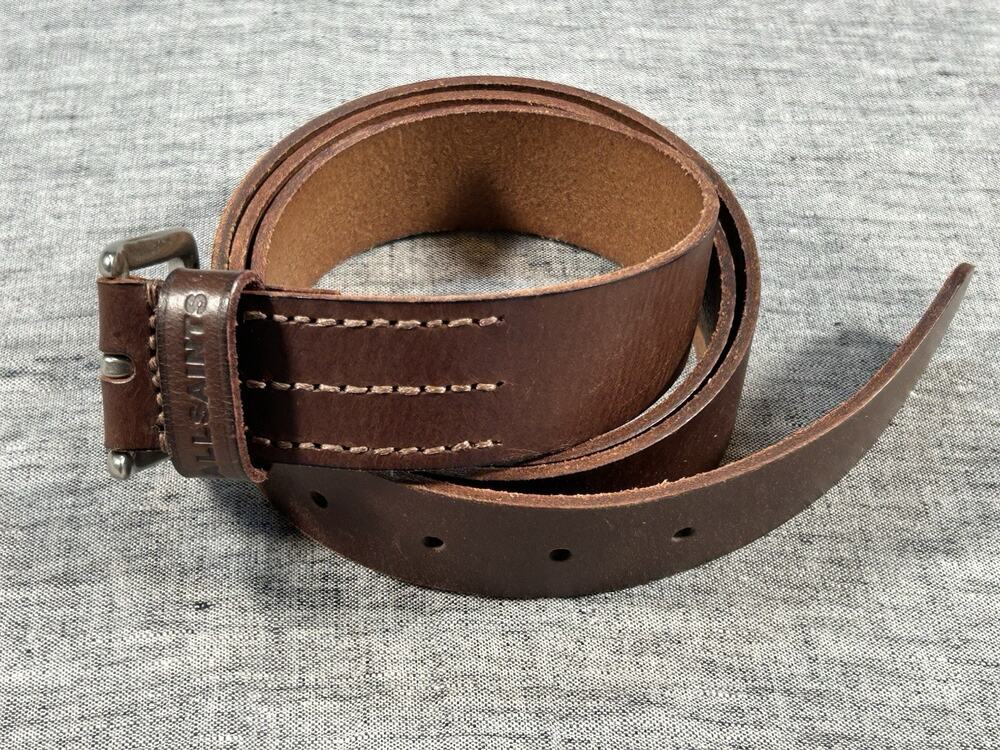 Allsaints Leather Belt Mens 40 Brown Genuine Leather Silver Colored Buckle